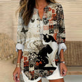 Comstylish Japanese Cat Vintage Floral Art Women's Linen Long Sleeve Shirt