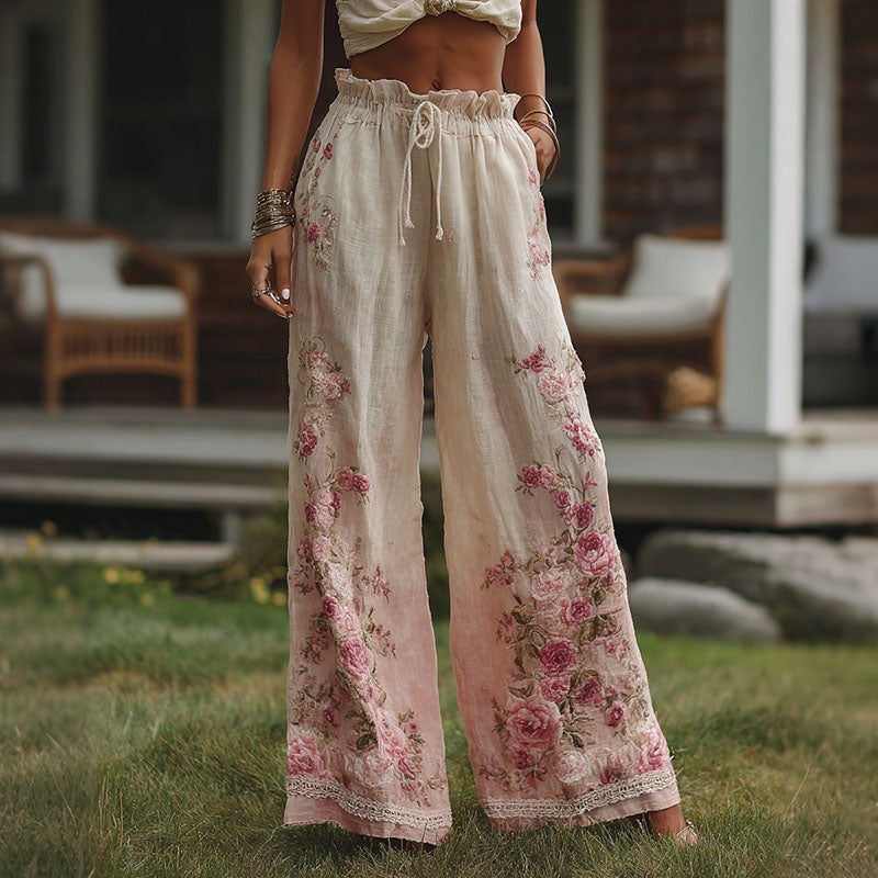 Retro Bohemian Style Pink Rose Gradient Art Casual Cotton And Linen Pants elevenforest