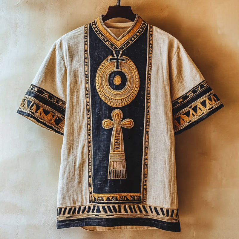 Vintage Egyptian Tribal Embroidered Contrast Linen Shirt elevenforest
