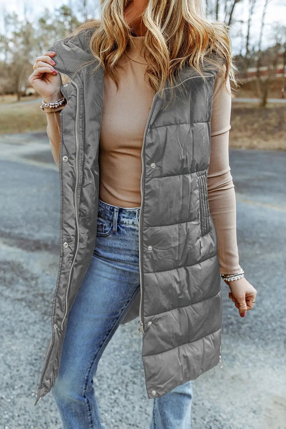Stylish Dark Grey Quilted Hooded Long Vest Coat