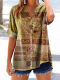Women's Vintage Ethnic Floral Art Print Casual Cotton And Linen Shirt