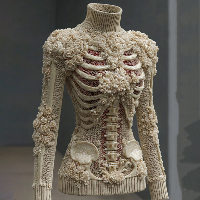 Comstylish Women's Vintage Skeleton & Rose Art Cozy High Neck Sweater
