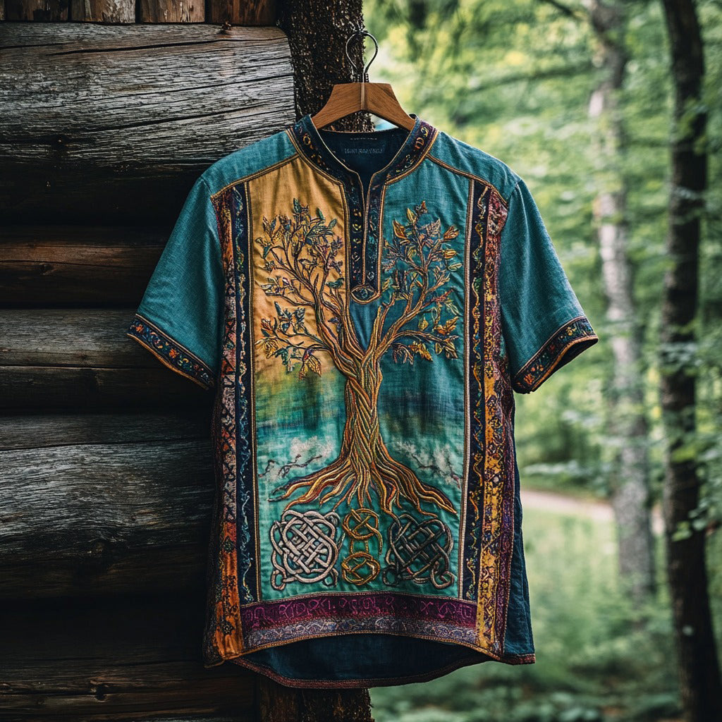 Men's Tribal Ethnic Tree Of Life Patchwork Gradient Shirt elevenforest