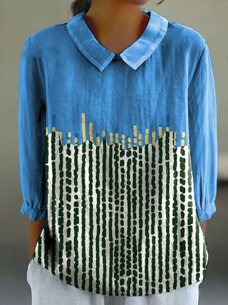 Women's Abstract Geometric Line Art Print Design Lapel Shirt elevenforest