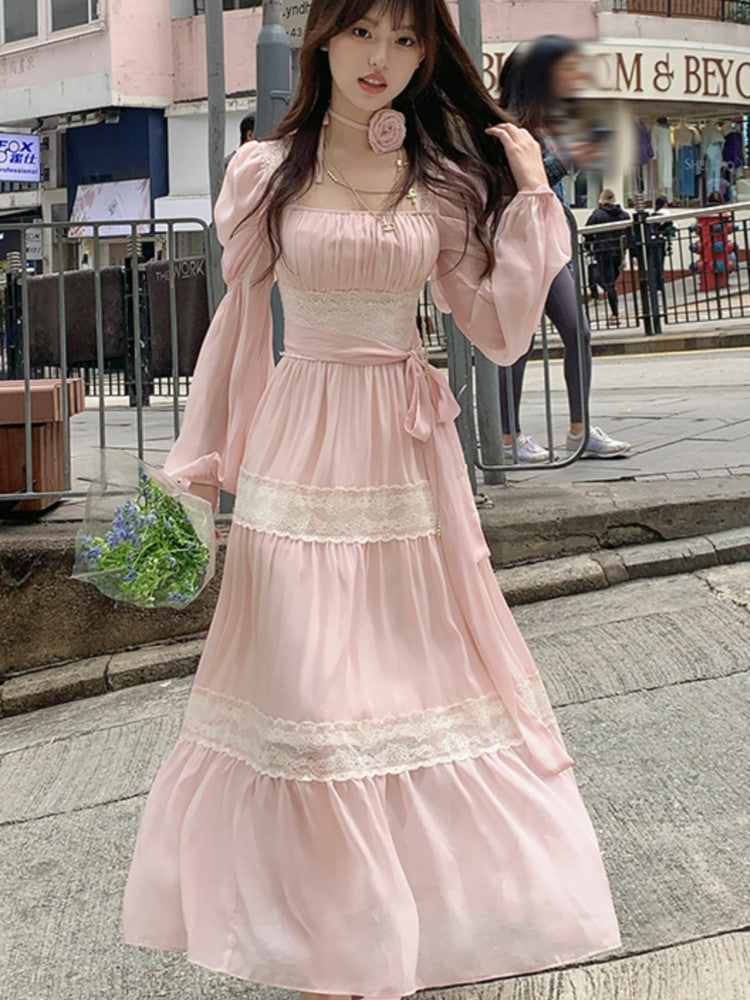 Summer Chiffon Midi Dress Lace Y2k Lolita Fairycore Puff Sleeve High Waist French Evening Party Dresses Prom Robe