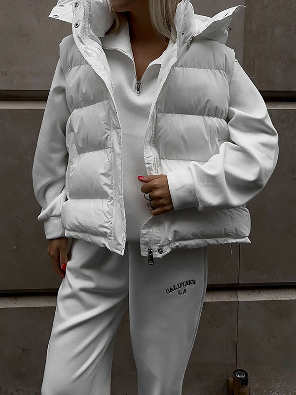 Loose Sleeveless Drawstring Split-joint Zipper Hooded Padded Vest
