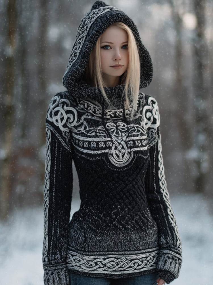 Comstylish Women's Viking Style Celtic Knot Black And White Gradient Hooded Sweater