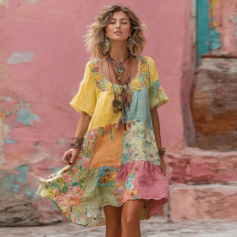 Women's Flower Embroidery Macaron Patchwork Art Crew Neck Linen Blend Midi Dress elevenforest