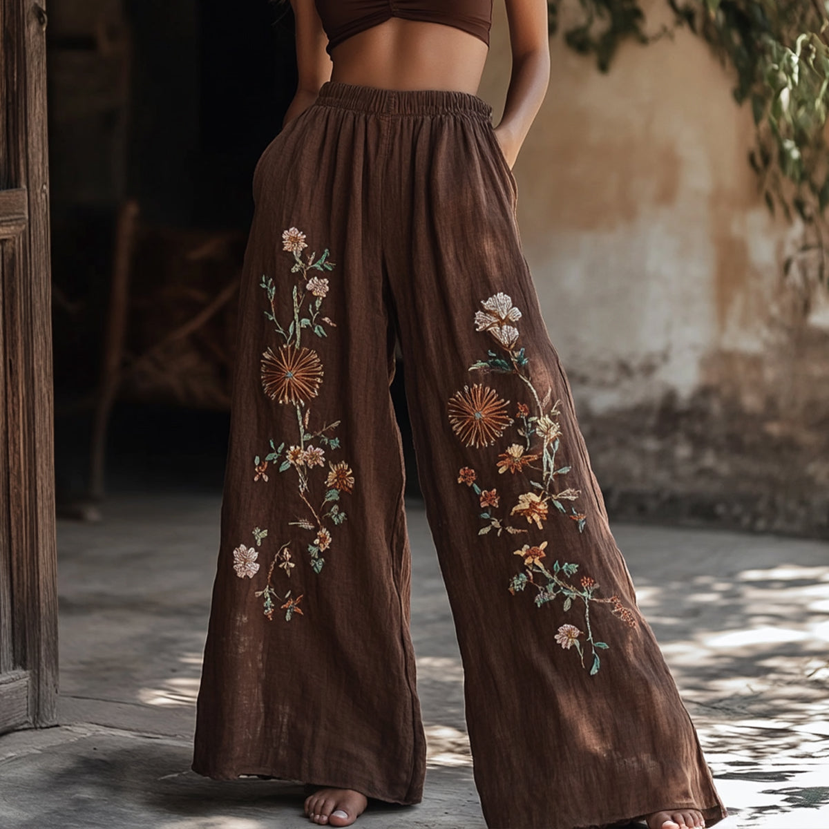 Women's Vintage Floral Embroidered Pattern Linen Blend Pants elevenforest