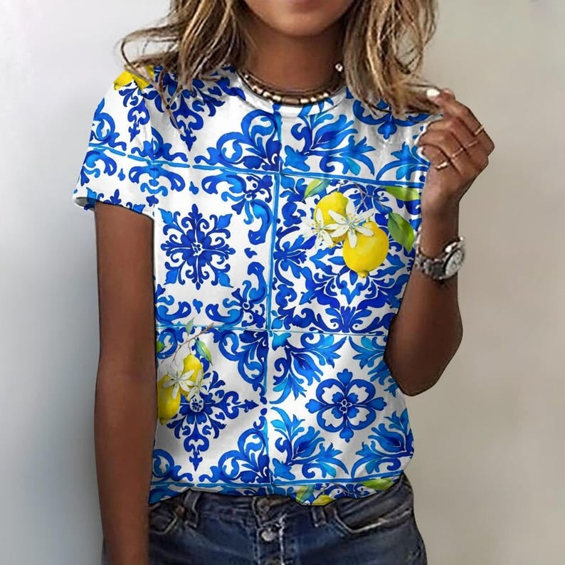 Comstylish Blue Tile Lemon Italian Pottery T-shirt