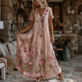 Women's Vintage Rose Floral Embroidered Elegant Short-sleeved Dress elevenforest