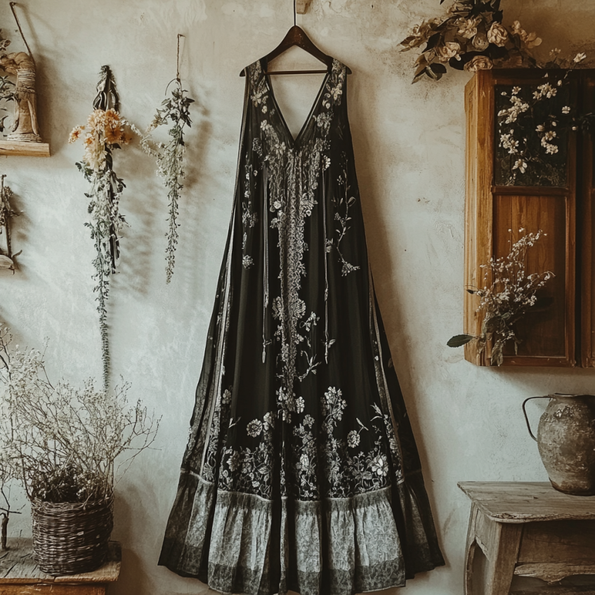 Boho Floral Embroidered Pattern Lace Linen Dress elevenforest