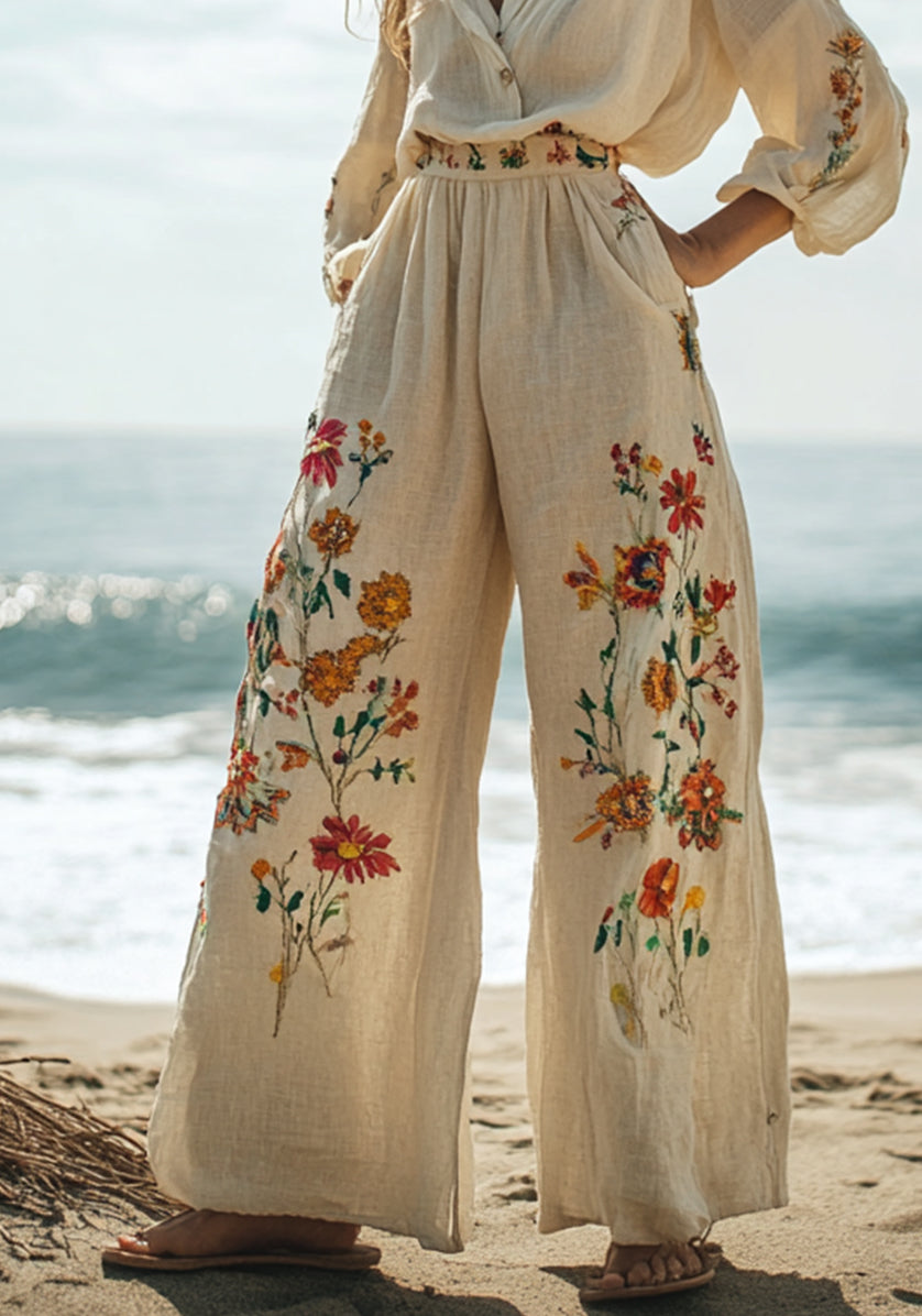 Women's Floral Embroidery Art Print Linen Lounge Pants elevenforest