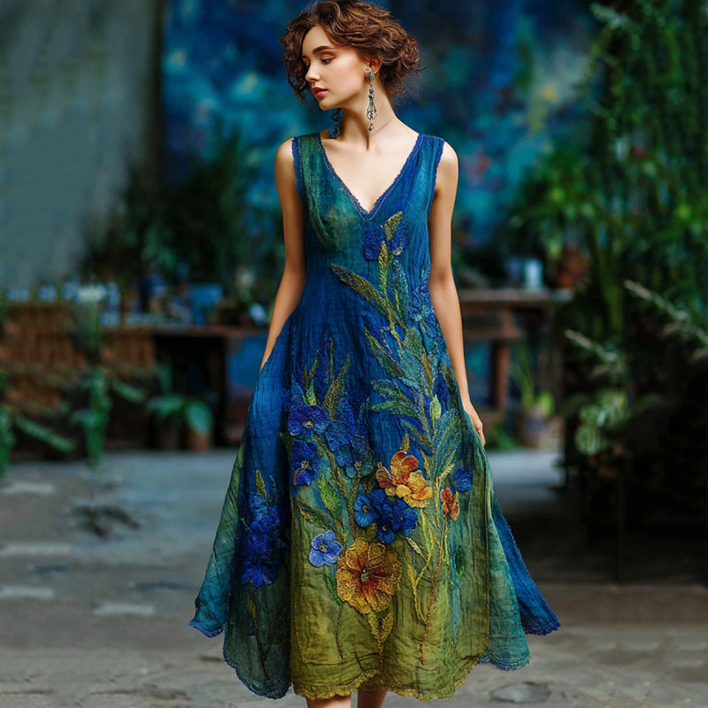 Vintage Floral Embroidered Flowy V Neck Midi Dress elevenforest