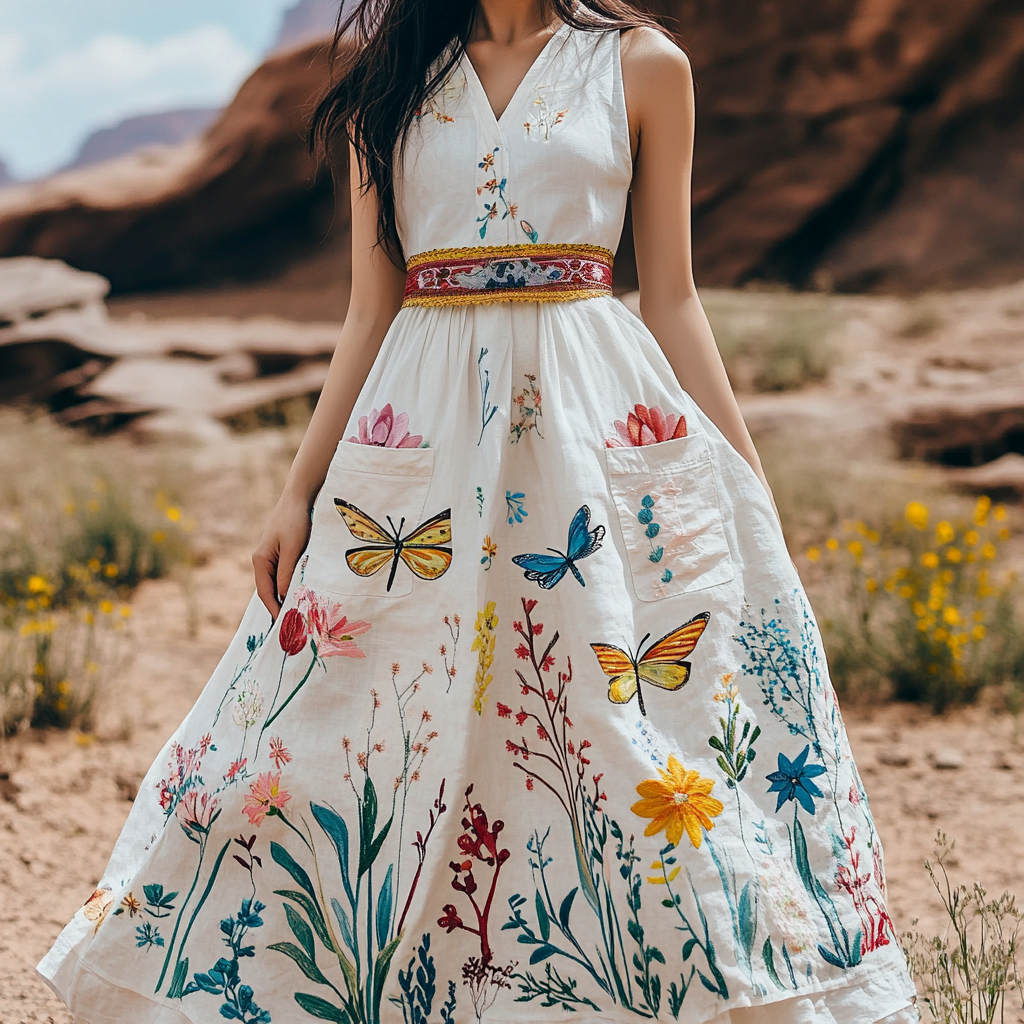 Women's Vintage Folk Butterfly Floral Art Cotton And Linen Pocket Dress elevenforest