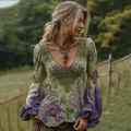 Vintage Purple Lavender And Floral Embroidered Linen V Neck Long Sleeve Shirt elevenforest