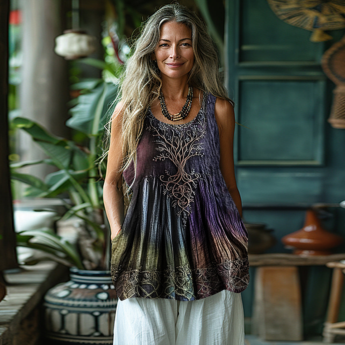 Women's Vintage Viking Tree Of Life Gradient Art Linen Tank Top elevenforest