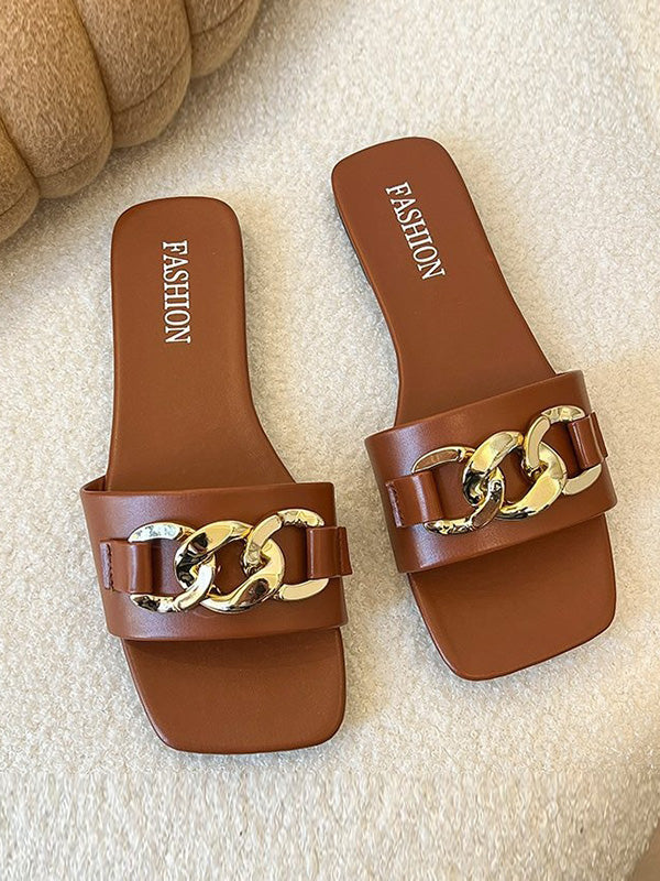 Chains Open Toe Split-joint Square-toe Slippers