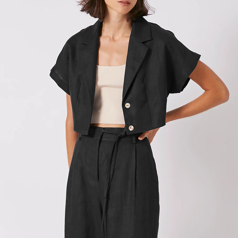 Summer French Cotton Linen Short Collared Shirt Urban Design Pure Linen Short Sleeve Tup Cardigan