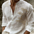Men's Vintage Pine Tree Art Pattern Linen Blend Shirt elevenforest