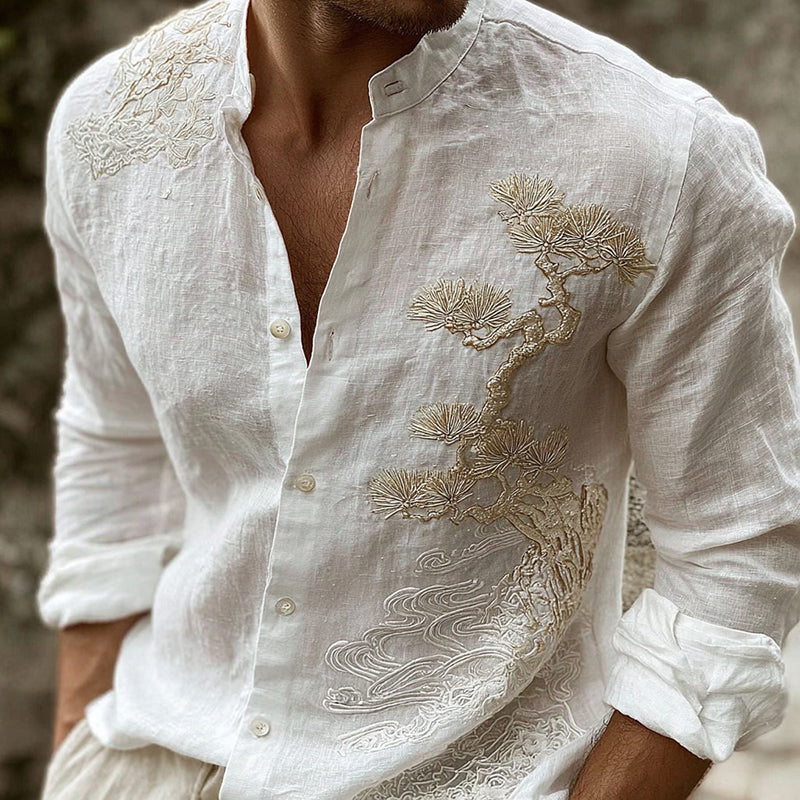Men's Vintage Pine Tree Art Pattern Linen Blend Shirt elevenforest