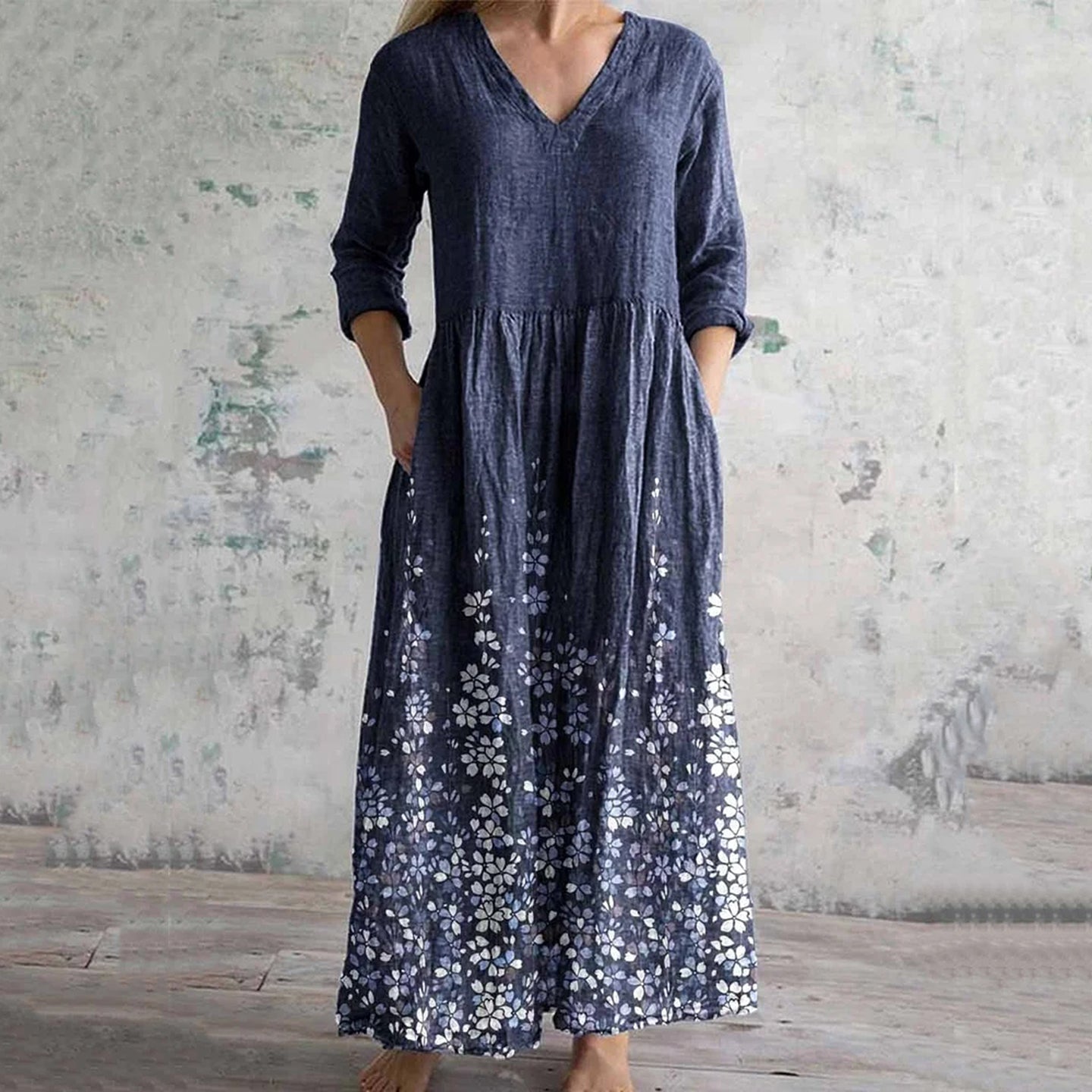Comstylish Vintage Floral Art Print Women's Linen Dress
