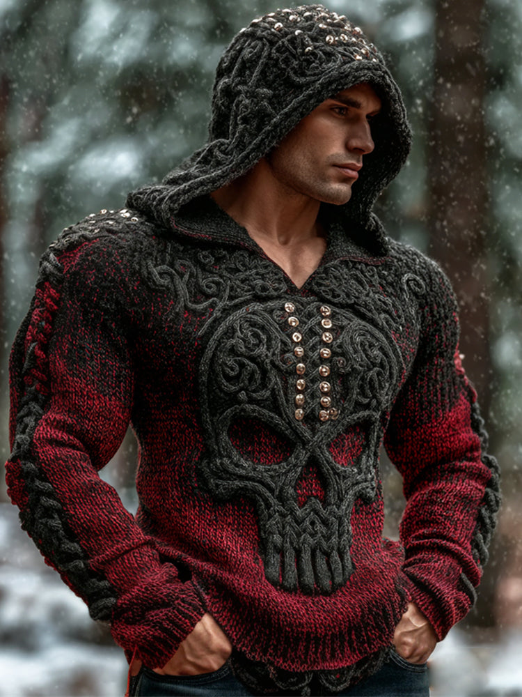 Viking Studded Skull Art Men's Chunky Knit Hooded Sweater elevenforest