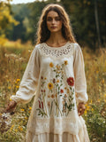 Rustic Lace Floral Embroidery Art Women's Linen Flowy Long Dress elevenforest
