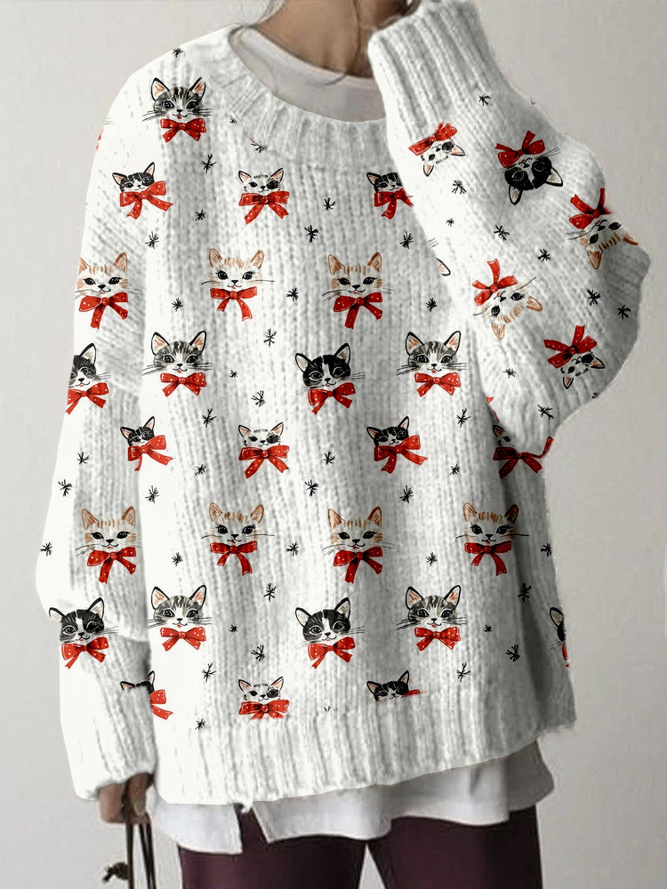 Comstylish Cute Christmas Cat Pattern Cozy Knit Sweater