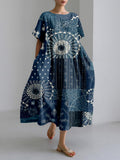 Vintage Japanese Patchwork Pattern Linen Blend Maxi Dress