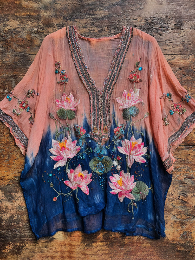 Boho Lotus Sequin Embroidery Vintage Women's V-neck Linen Short Sleeve Shirt elevenforest