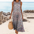 Women's Vintage Ethnic Floral Print Linen Blend Tank Midi Dress elevenforest