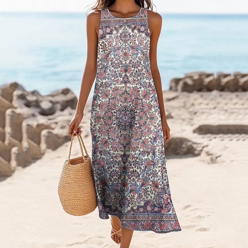 Women's Vintage Ethnic Floral Print Linen Blend Tank Midi Dress elevenforest