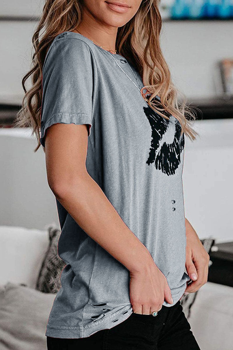 Sweet Print Split Joint O Neck T-shirts(3 Colors)