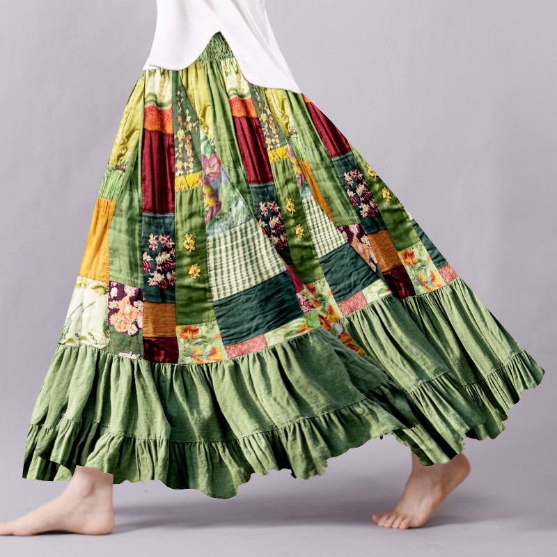 Women's Boho Flowers Patchwork Art Linen Blend Skirt elevenforest