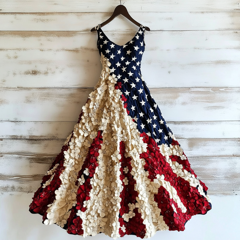 Women's Vintage Independence Day Flowers Art Linen Midi Dress elevenforest