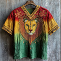 Men's African Tribal Lion Folk Embroidered Rasta Dyed Linen Shirt elevenforest