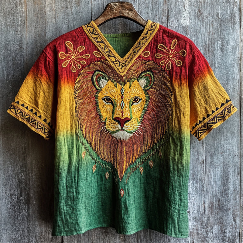 Men's African Tribal Lion Folk Embroidered Rasta Dyed Linen Shirt elevenforest