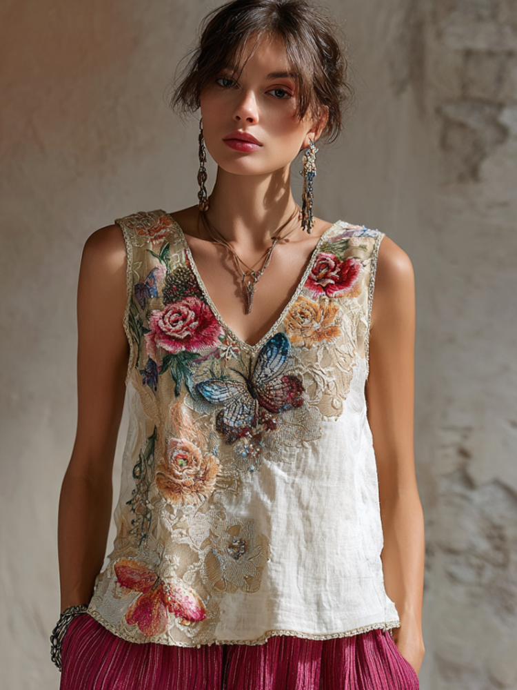 Bohemian Style Plant Flower And Butterfly Embroidery Pattern Women's Cotton And Linen Sleeveless V-neck Top elevenforest