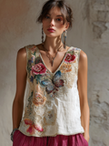 Bohemian Style Plant Flower And Butterfly Embroidery Pattern Women's Cotton And Linen Sleeveless V-neck Top elevenforest