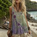 Vintage Classy Gradient Purple Lavender And Floral Embroidered Pattern Linen Tank Top elevenforest