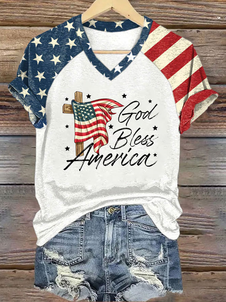 Comstylish Women's Independence Day Retro Flag God Bless America Print Casual T-shirt