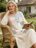 Rustic Floral Stripe Patchwork Art Women's Linen Long Sleeve Midi Dress elevenforest