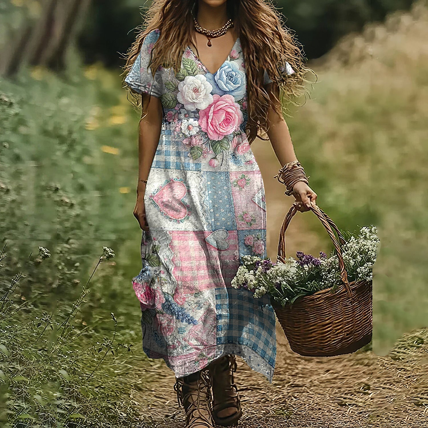 Women's Geometric Floral Art Cotton And Linen Short Sleeve Dress elevenforest