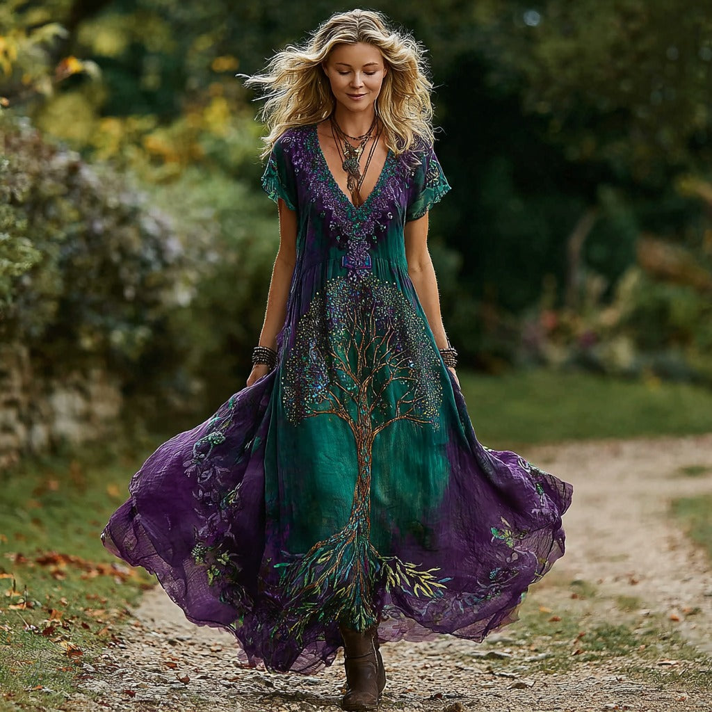 Women's Retro Viking Tree Of Life Gradient Linen Short Sleeve Dress elevenforest