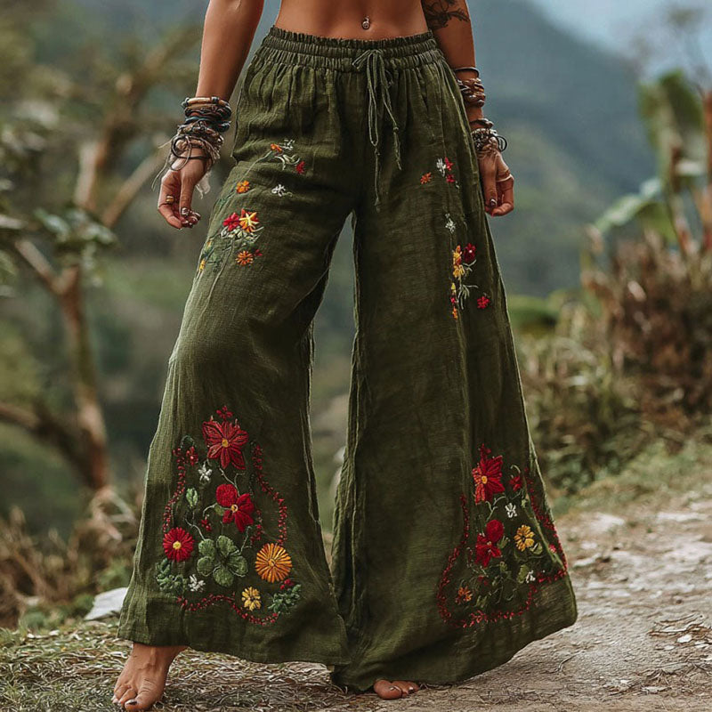 Women's Vintage Bohemian Floral Art Comfy Linen Pants elevenforest