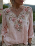 Vintage Glitter Pink Roses Embroidered V Neck Linen Tunic elevenforest