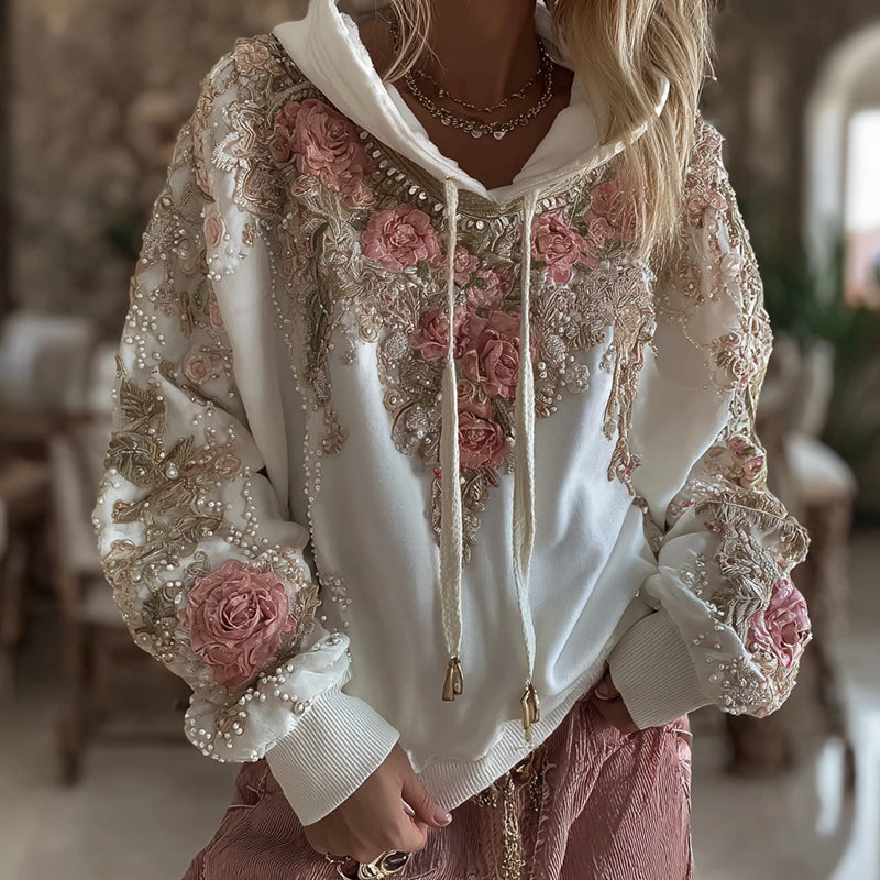 Women's Pink Rose Embroidered Casual Gradient Hoodie elevenforest
