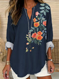 Comstylish Flower Embroidery Pattern Linen Ladies Long-Sleeved Shirt