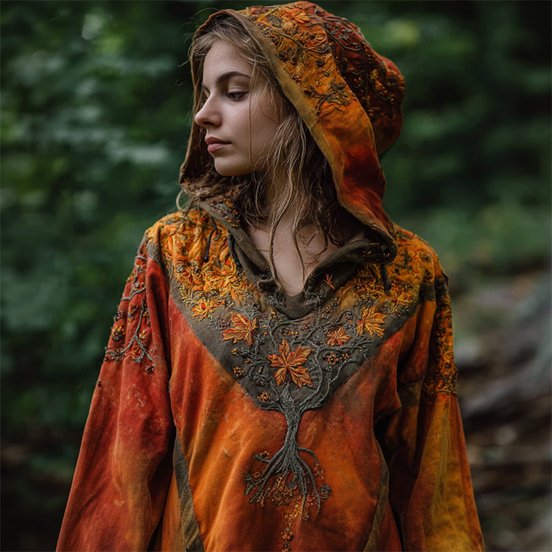 Vintage Fall Leaves Tree Of Life Embroidered Dyed Hoodie elevenforest